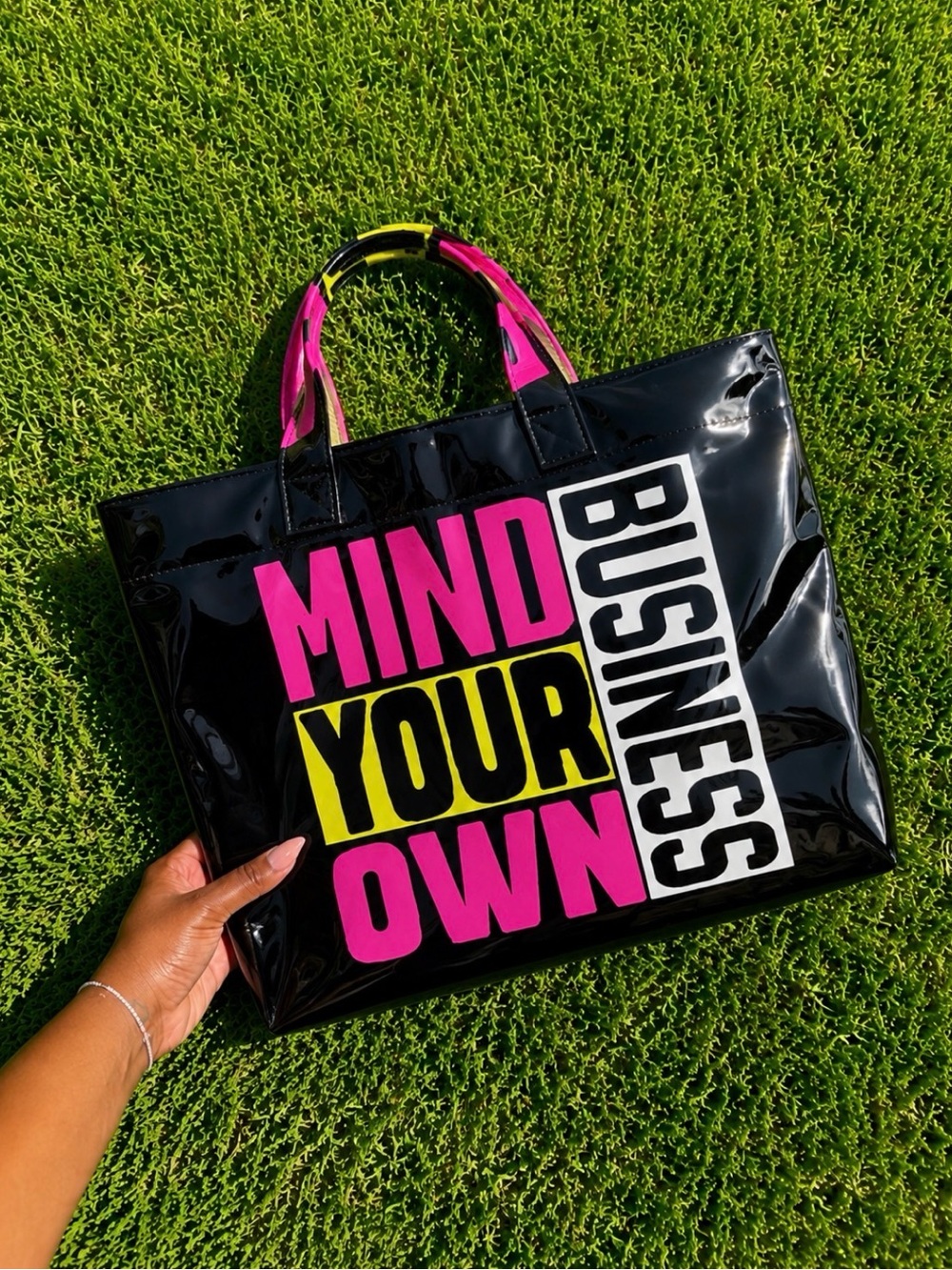 Mind Your Own Business Black Patent Tote with Pink & Yellow Accents
